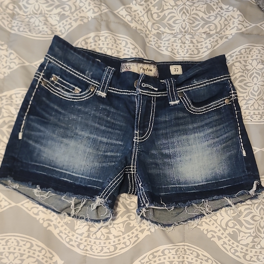 BKE Blue Jean Shorts with Frayed Hem and Contrast Stitching
